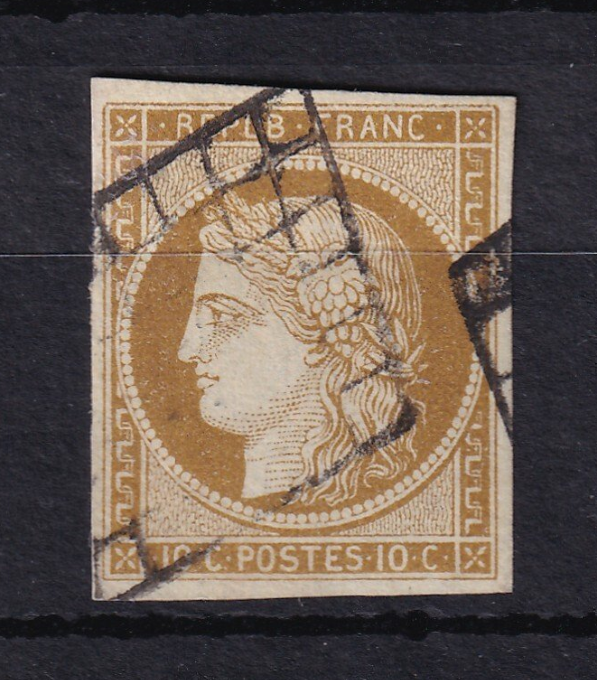 France 1849 - Cote 475€, signé Baudot, 1er choix bistre brun - Yvert n°1a