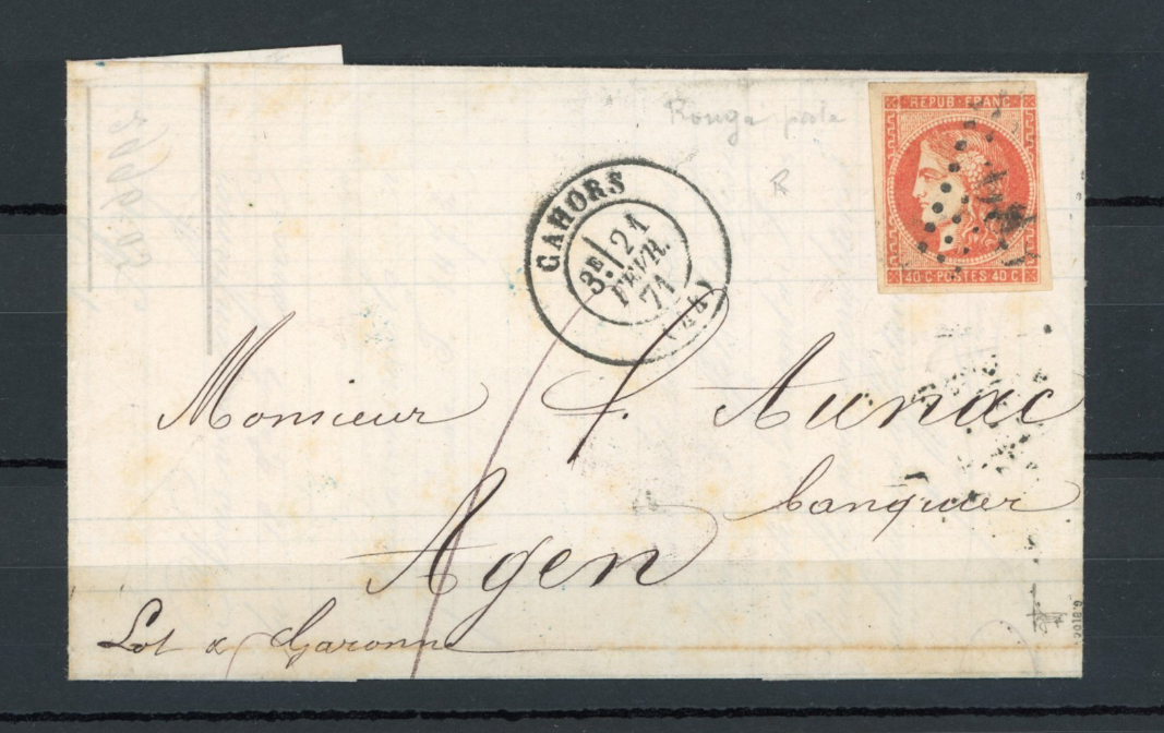 France 1871 - Cote 4200€, rare nuance rouge clair sur lettre - Yvert n°48k
