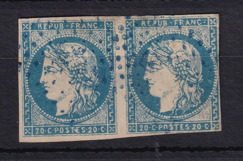 France 1870 - Cote 4000€, très rare cachet bleu Ancre sur Bordeaux, paire du 20cts bleu type 1 report 1 - Yvert n°44A