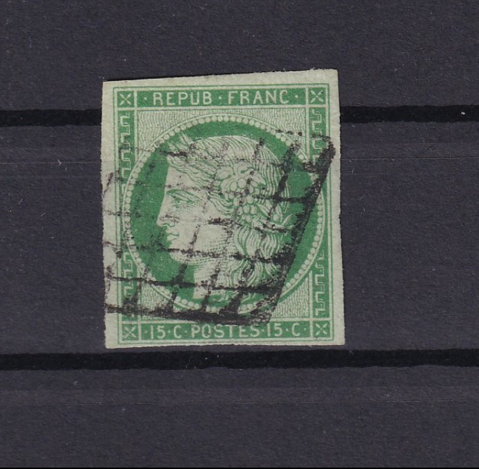 France 1850 - côte 1100€, filet intact Cérès 15c vert - Yvert °2