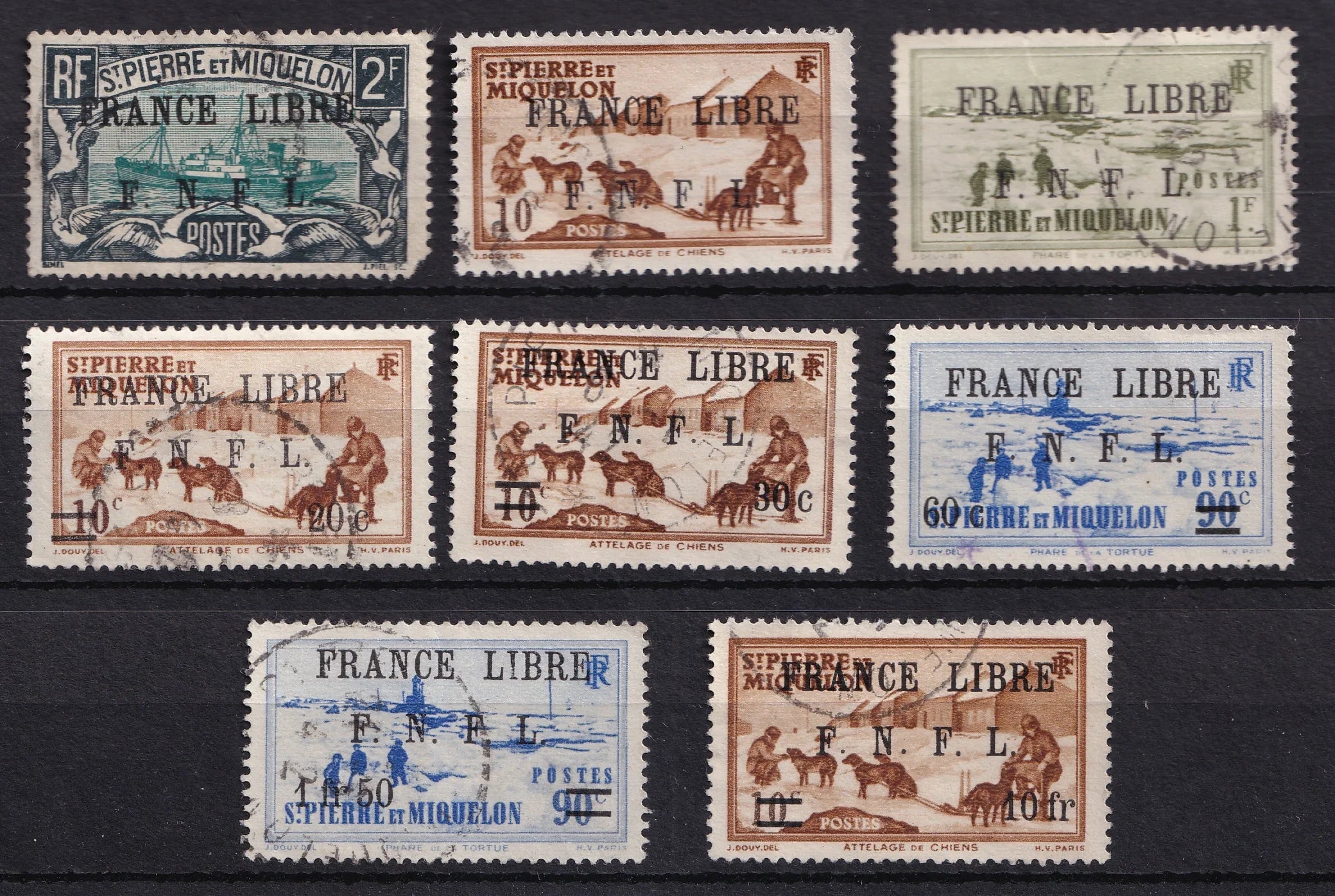 St Pierre et Miquelon - 1941/1942 - Signé Calves, France Libre - Yvert n°243, 250, 263, 274/277 et 279