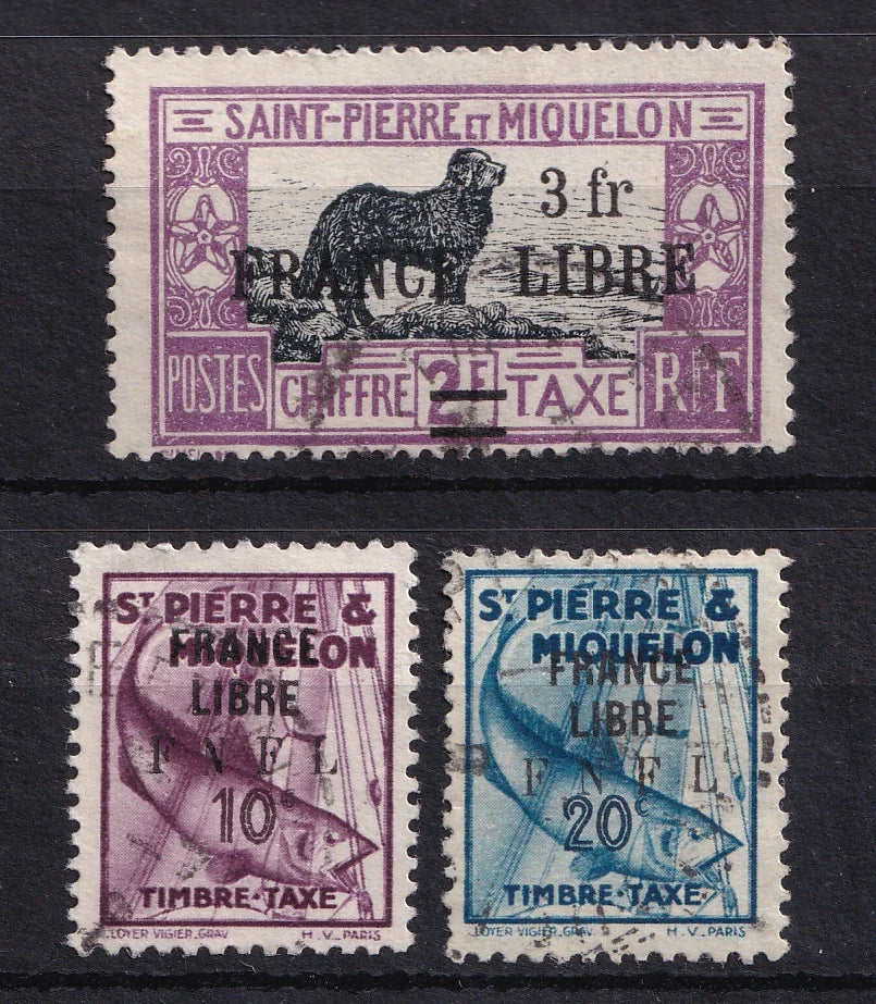 St Pierre et Miquelon 1942 - Signé Calves, France Libre sur taxe dont variété FNFL omis - Yvert n°56a, 58 et 60