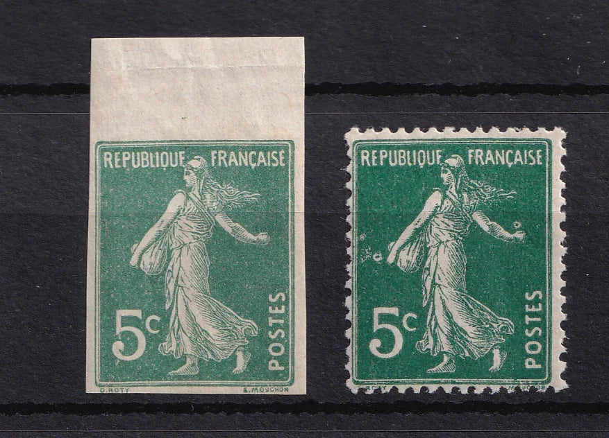 France 1907 - Variétés non dentelé et anneau lune sur 5c Type I - Maury n°137 et 137a