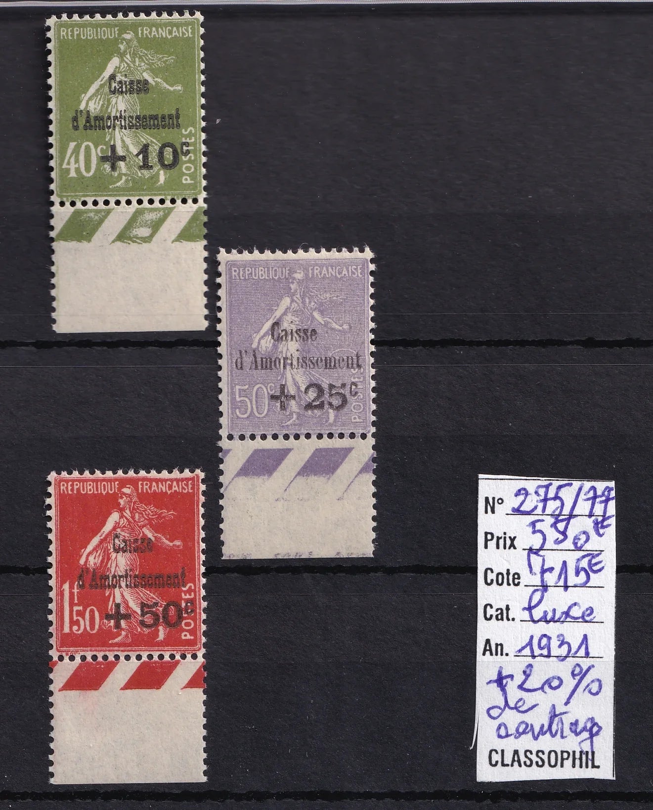 France 1931 - Sans charnière, pièce de choix, série complète - Yvert n°275/277