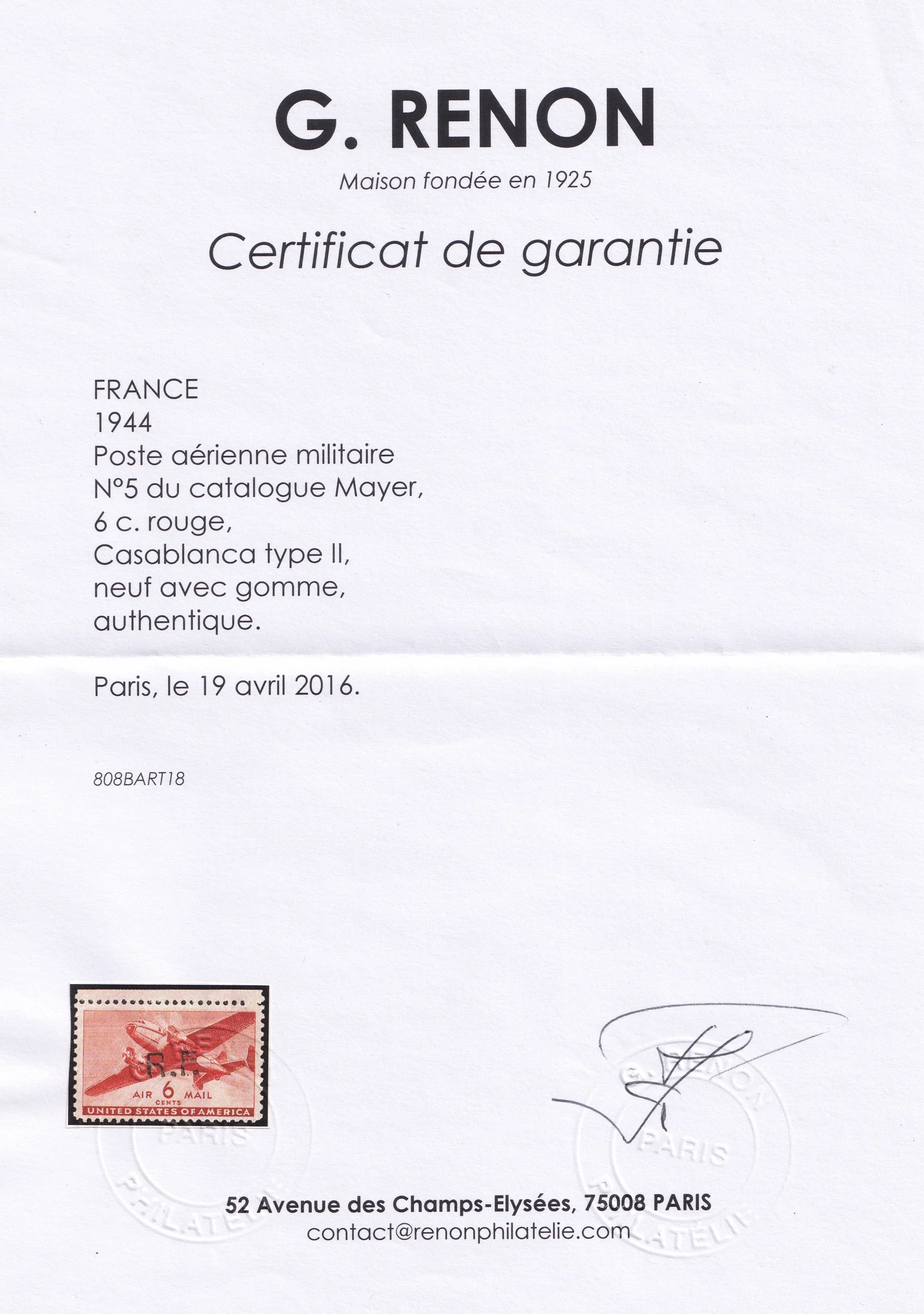 France 1944 - Certificat Renon, poste aérienne militaire surcharge Casablanca Type II - Mayer n°6
