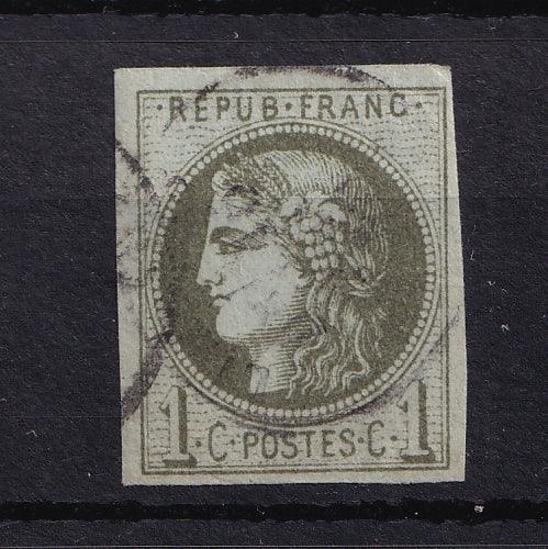 France 1870 - Signé Brun, pièce de choix, nuance gris olive, Bordeaux 1c report 1, 2ème état - Yvert n°39Ad