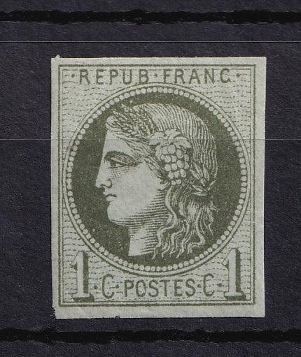 France 1870 - Superbe Bordeaux 1c gris Olive foncé, report 1,  1 état - Yvert n°39Ab