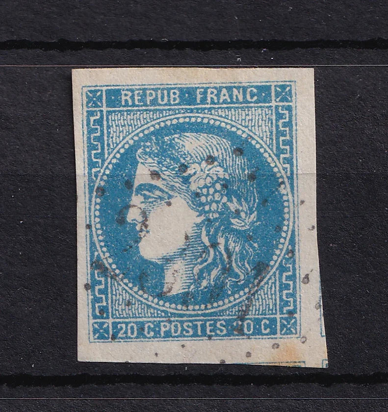 France 1870 - 1er choix, Grande Marge, Bordeaux 20c Bleu Type II, Report 1 - Yvert n°45A