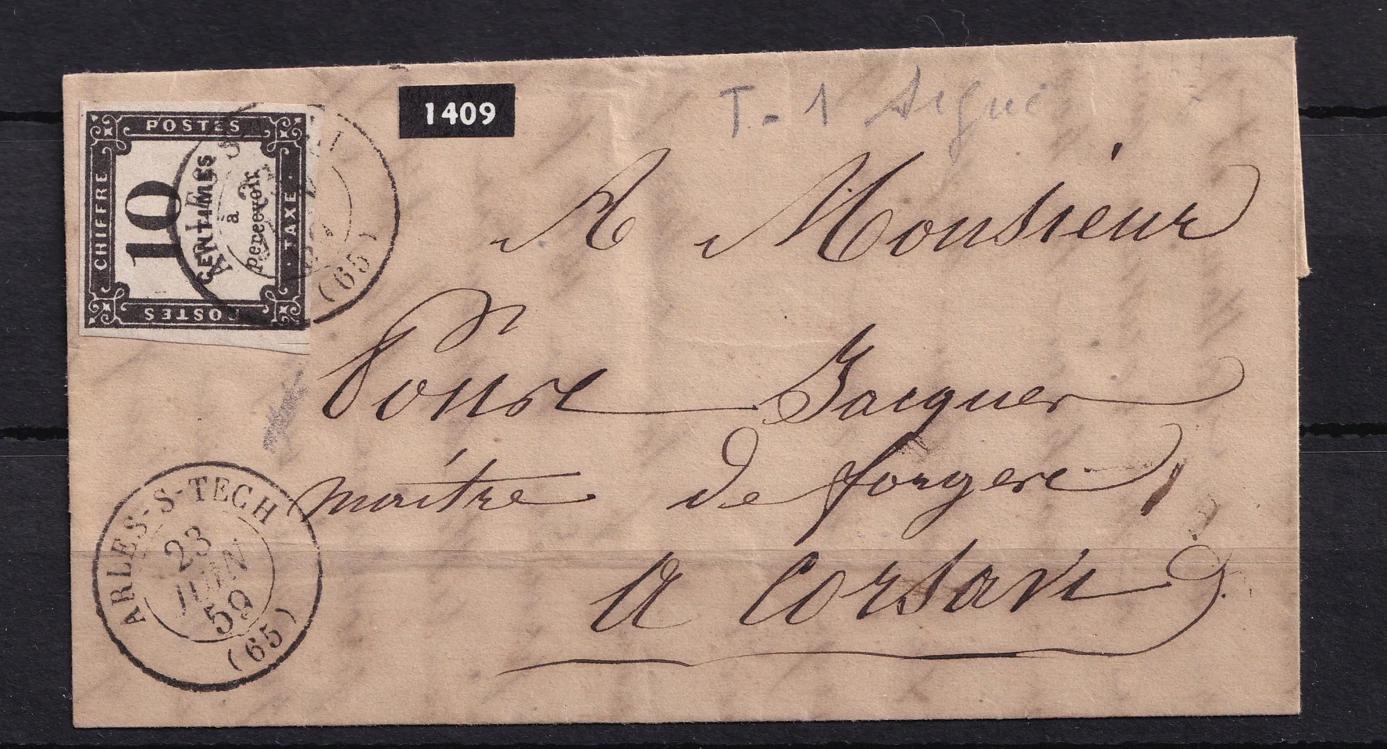 France 1859 - Signé Calves, Taxe 10c Litho sur lettre - Yvert taxe n°1