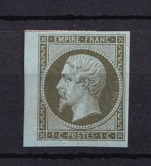 France 1860 - pièce de choix, superbe bord de feuille sur 1c  olive - Yvert n°11
