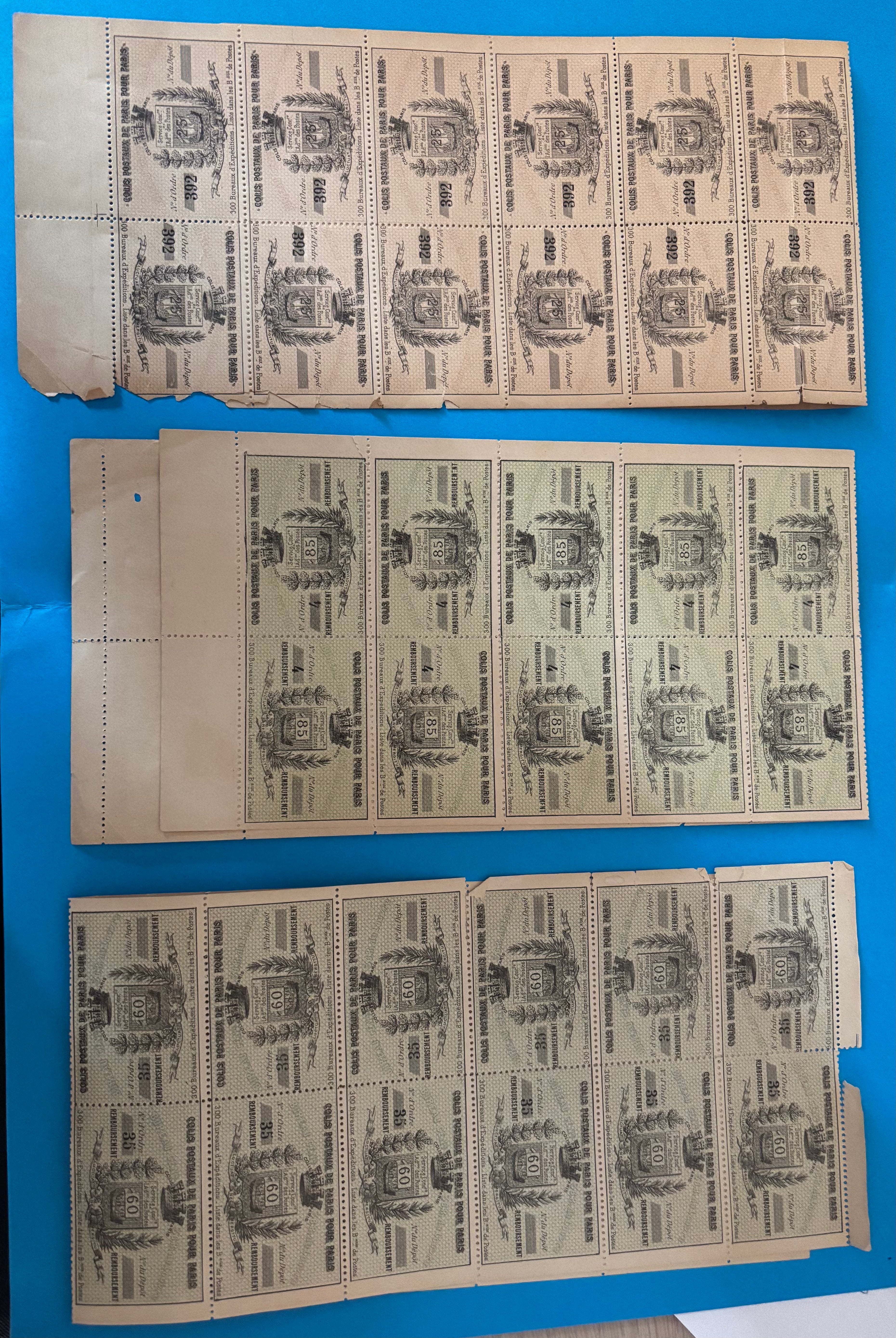 France - rare feuille complète de colis postaux de Paris pour Paris