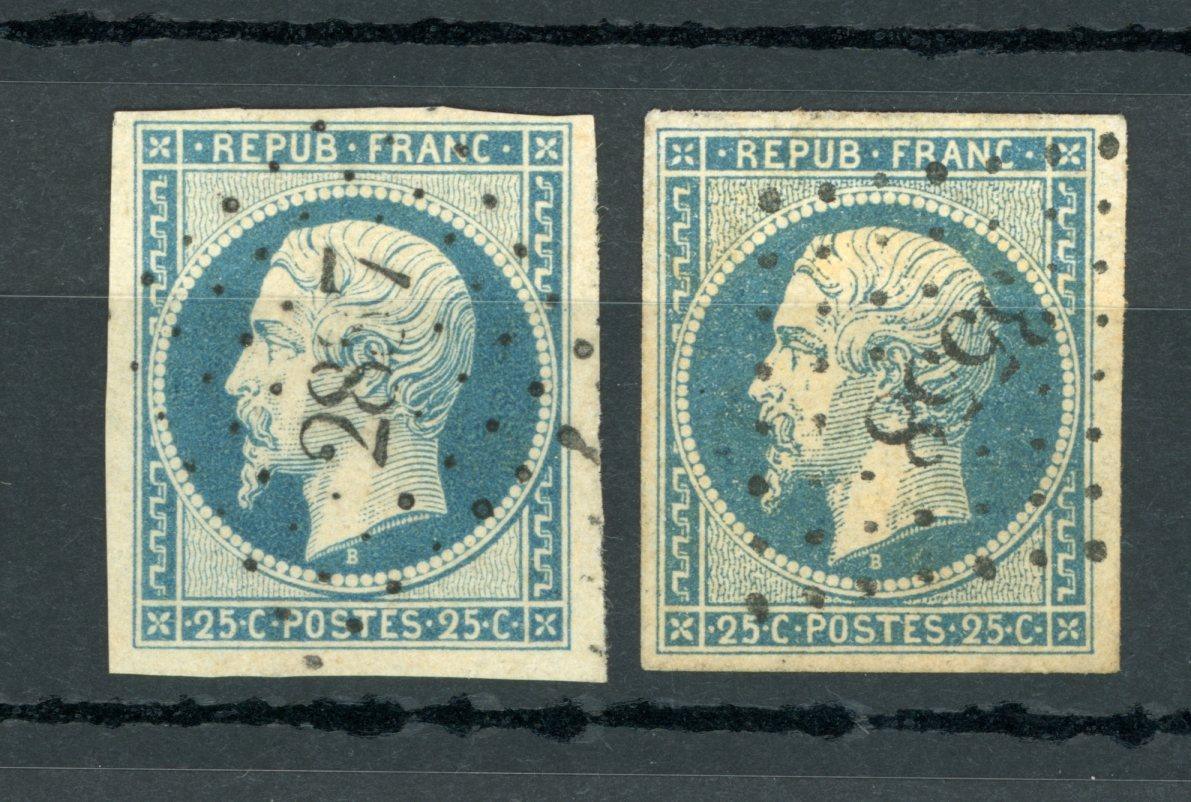 France 1852 - 1er choix, superbe nuances bleu et bleu foncé - Yvert n°10 et 10a - Timbres-Et-Passion