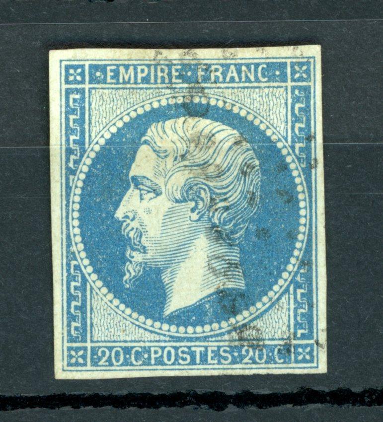 France 1860 - Signé Calves, bleu sur vert, napoléon 20c bleu Type II - Yvert n°14 ba - Timbres-Et-Passion