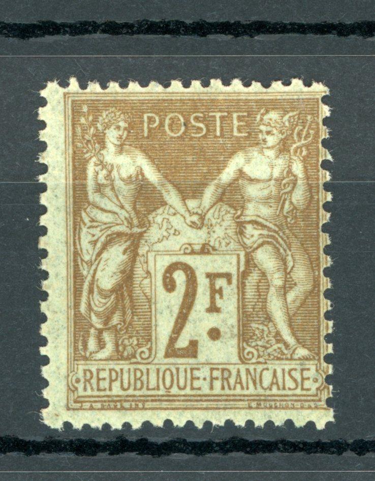 France 1900 - Signé Calves, sage Type I, 2fr bistre jaune sur azuré - Yvert n°105 - Timbres-Et-Passion