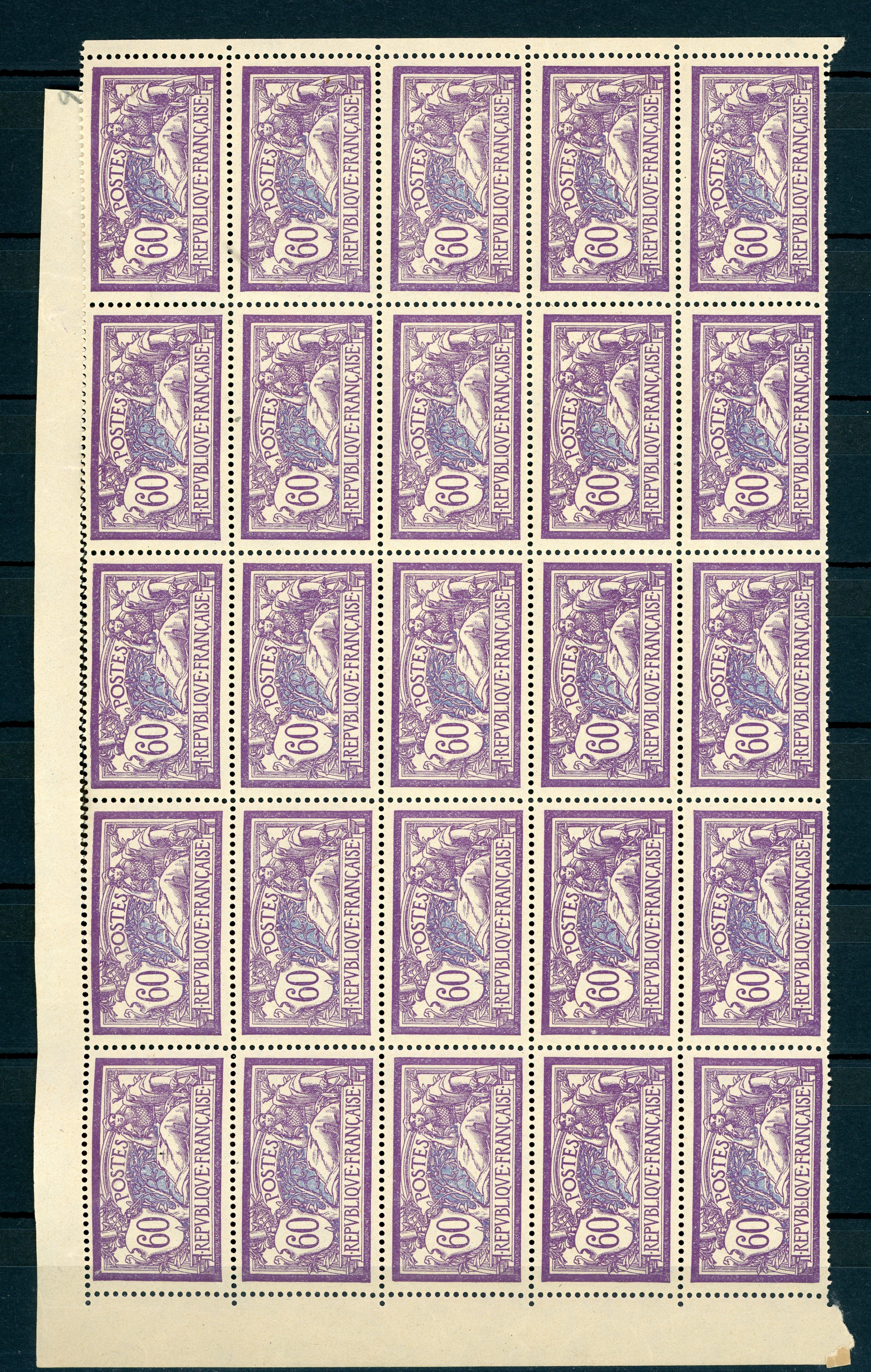 France 1907 - Superbe partie de feuille du Merson 60c Violet et Bleu - Yvert n°144 - Timbres-Et-Passion