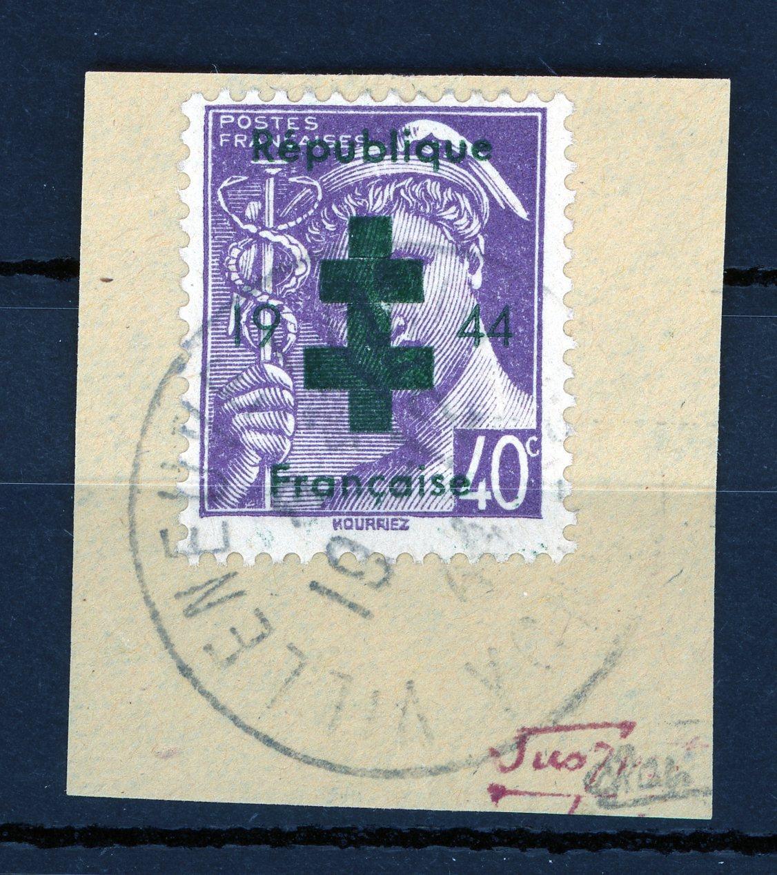 France 1944 - Signé Calves, libération de Provins, surcharge verte oblitéré - Mayer n°6M - Timbres-Et-Passion