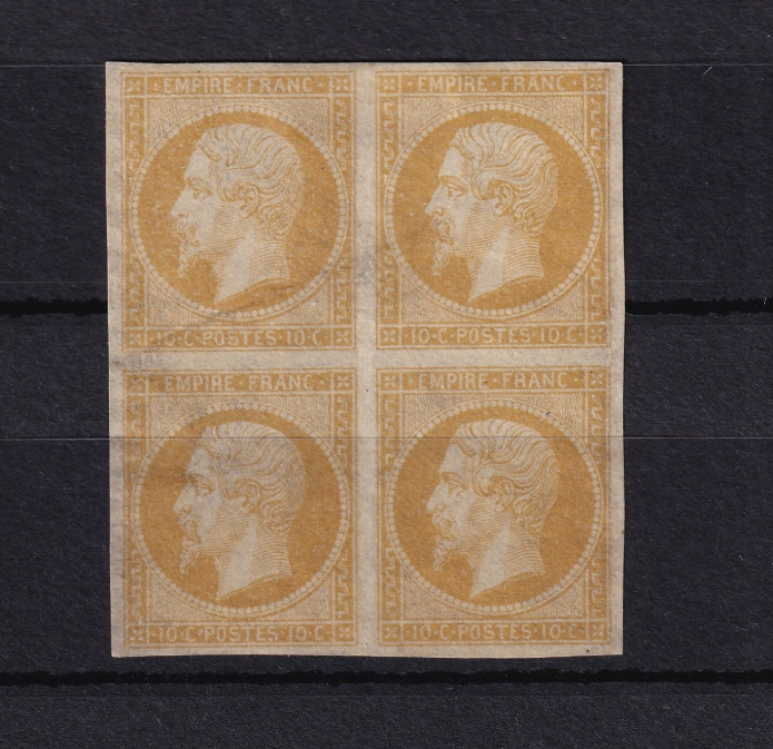 France 1853 - Cote 4200€, rare bloc de 4 du 10cts bistre type I - Yvert n°13A