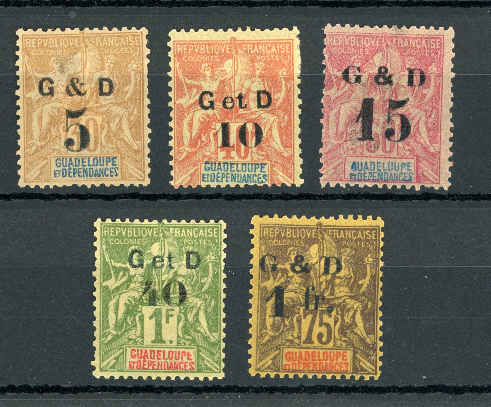 Guadeloupe 1903 - série de timbres Yvert n°45b, 46, 47d, 48 et 49 - Timbres-Et-Passion