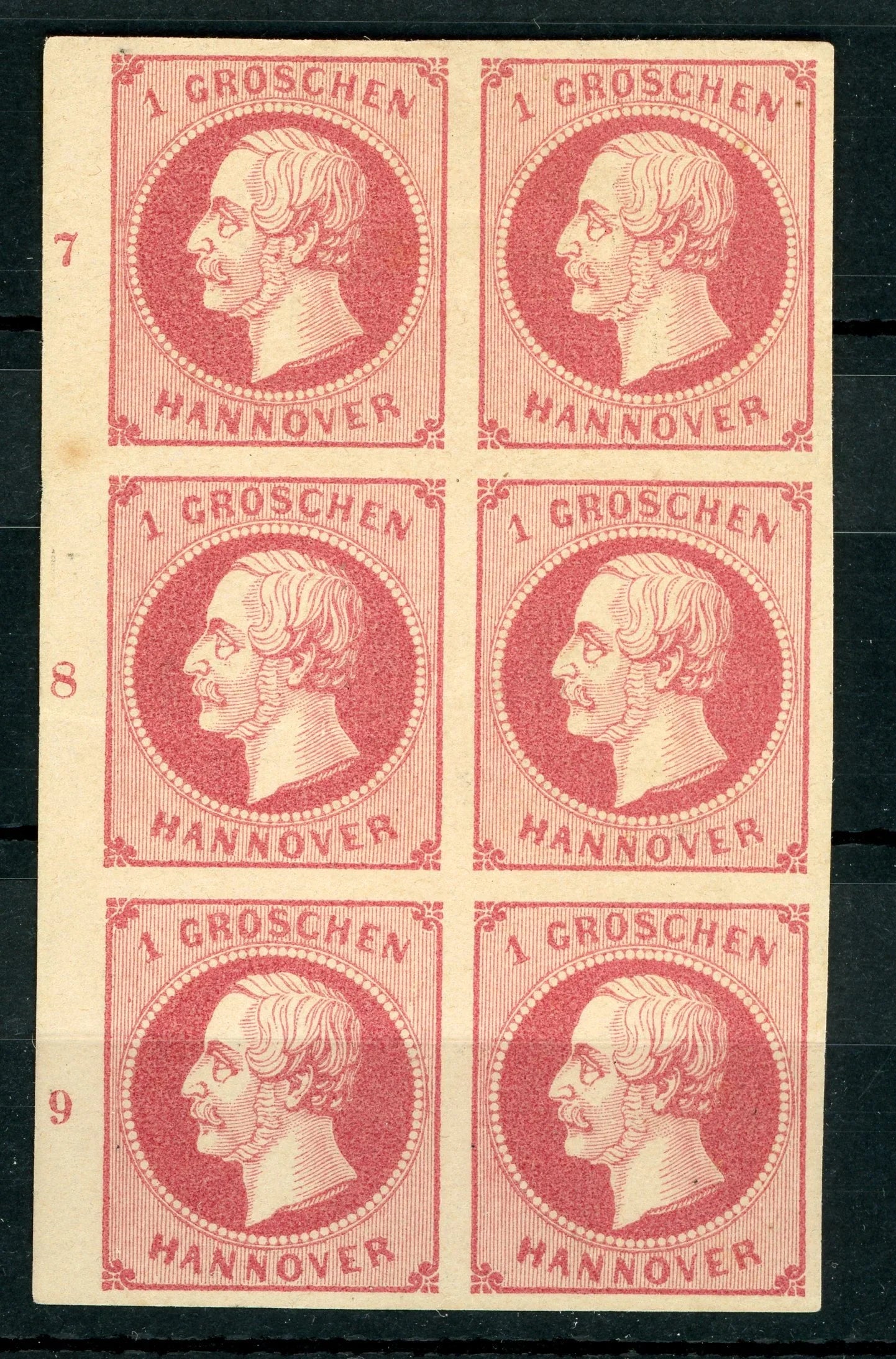 Hanovre - 1g lilas rose en bloc de 6 bord de feuille avec n°7,8 et 9