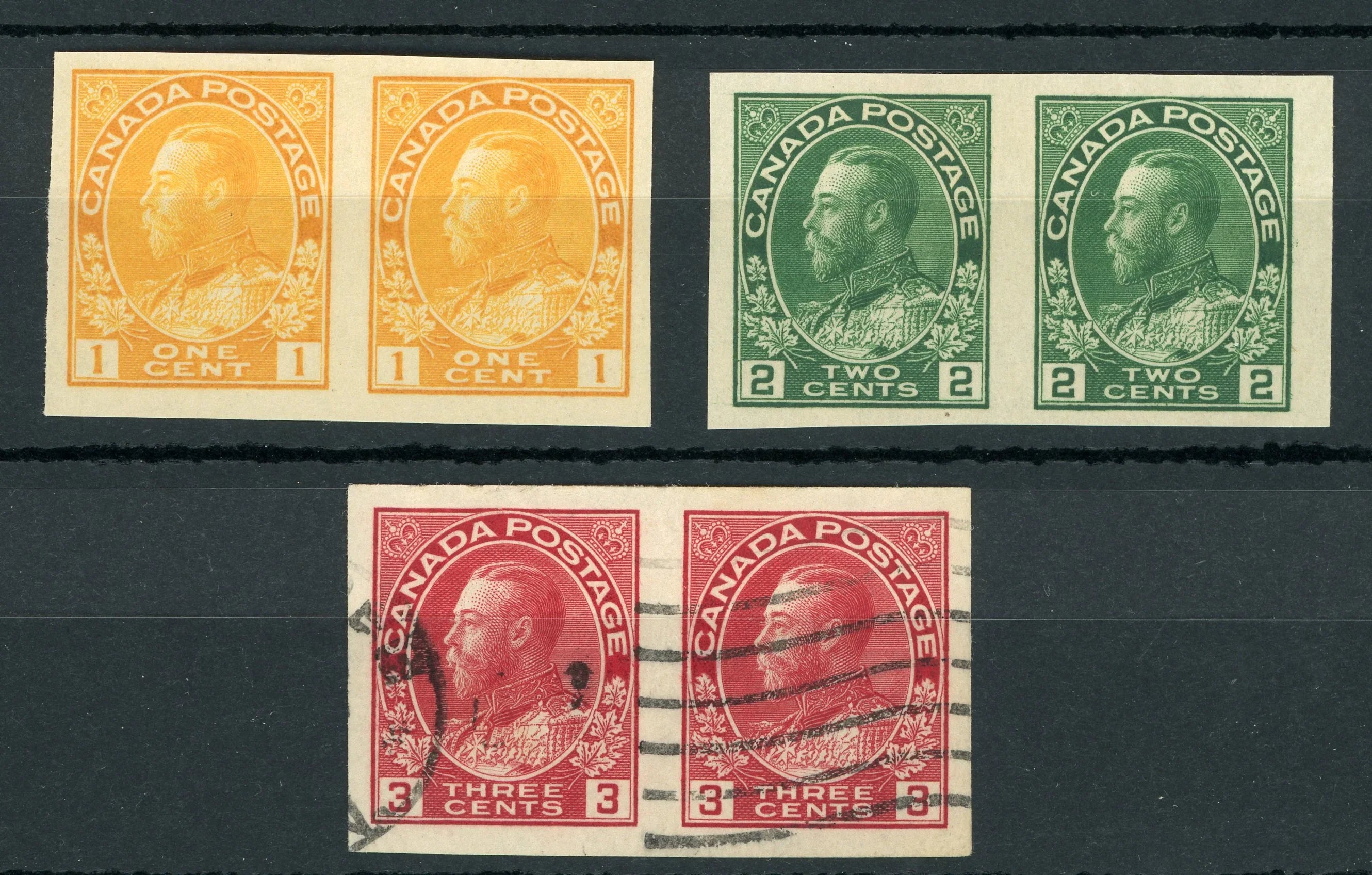 Canada 1918/1925 - non dentelé en paire, cote 180€ - Yvert n°108a, 109a et 111a