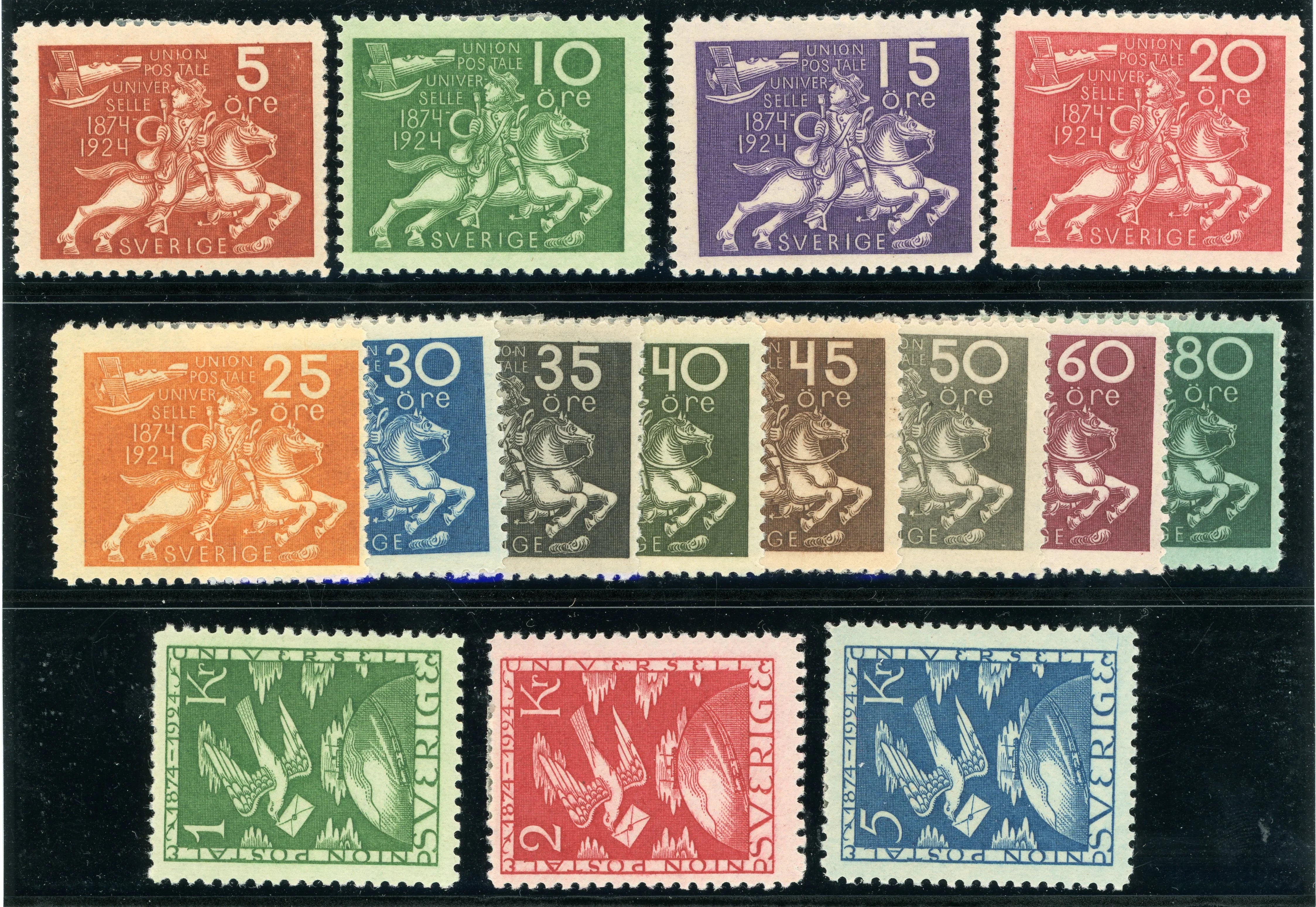 Suède - Rare série complète, cinquantenaire de l'UPU - Yvert n°178/192
