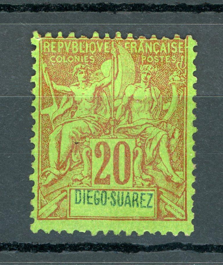 Diego-Suarez 1892 - Variété surcharge déplacé 20ct brique sur vert - Yvert n°44