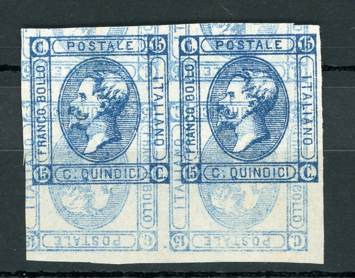 Italie - Superbe essai du 15c Bleu, avec impression renversé Recto Verso sur papier fin