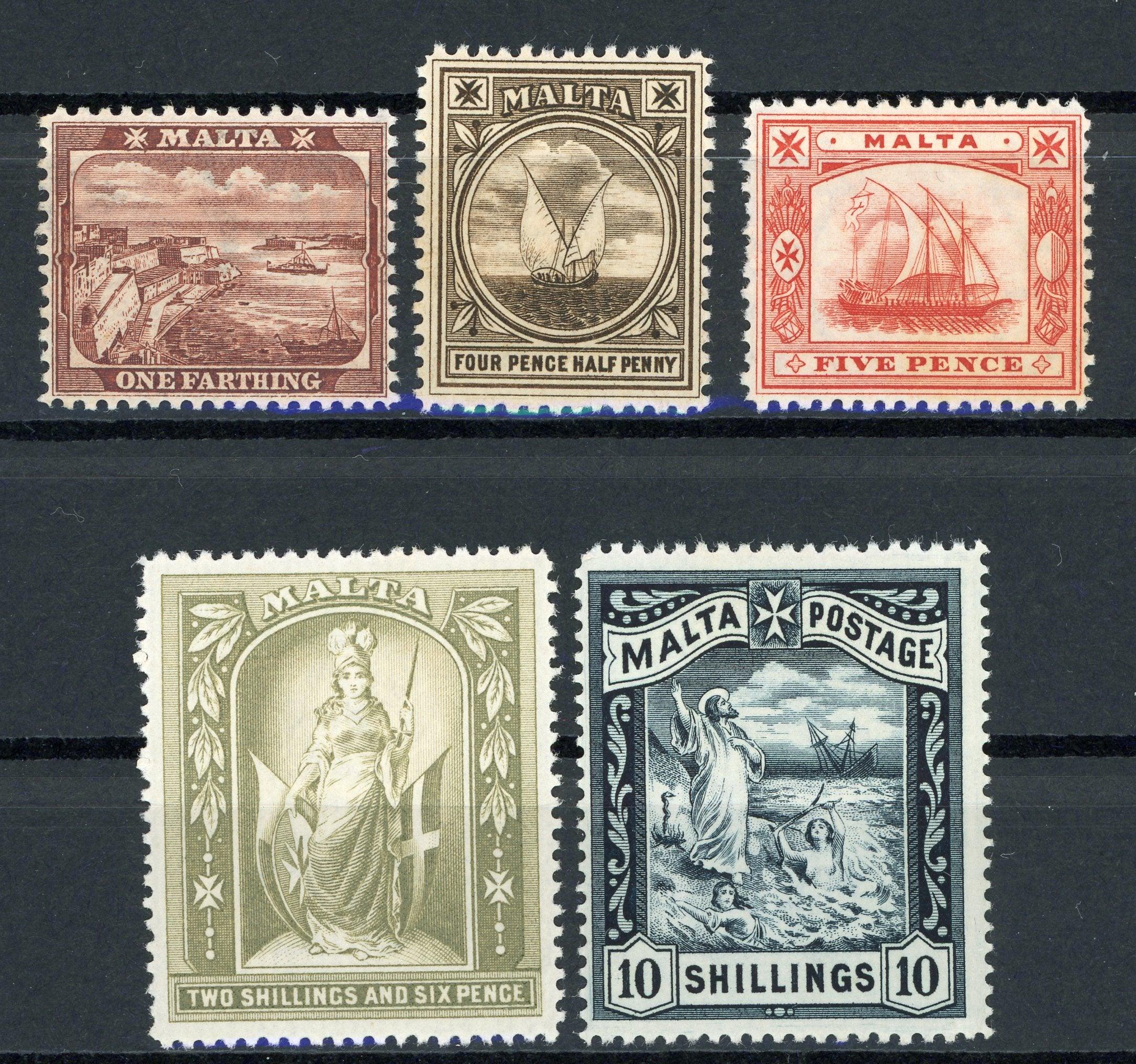 Malte 1899/1900 - série complète, filigrane CA - Yvert N°12/16