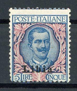 Libye 1912/1917 - Surcharge Libia sur 5L Bleu et Rose - Yvert n°12